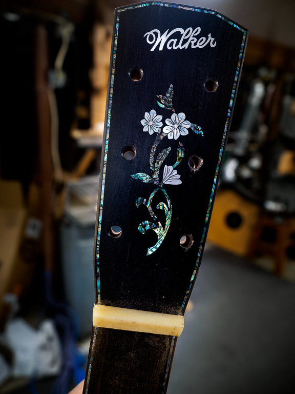 Blue Paua abalone border on headstock and fingerboard