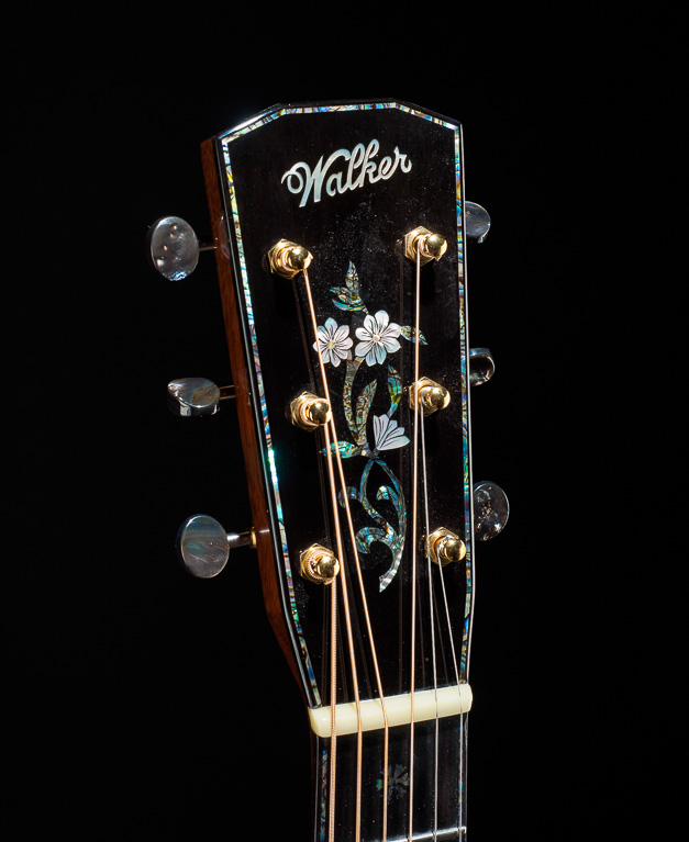 Blue paua headstock and fingerboard purfling. Flower vine headstock inlay. Black mother-of-pearl tuner buttons